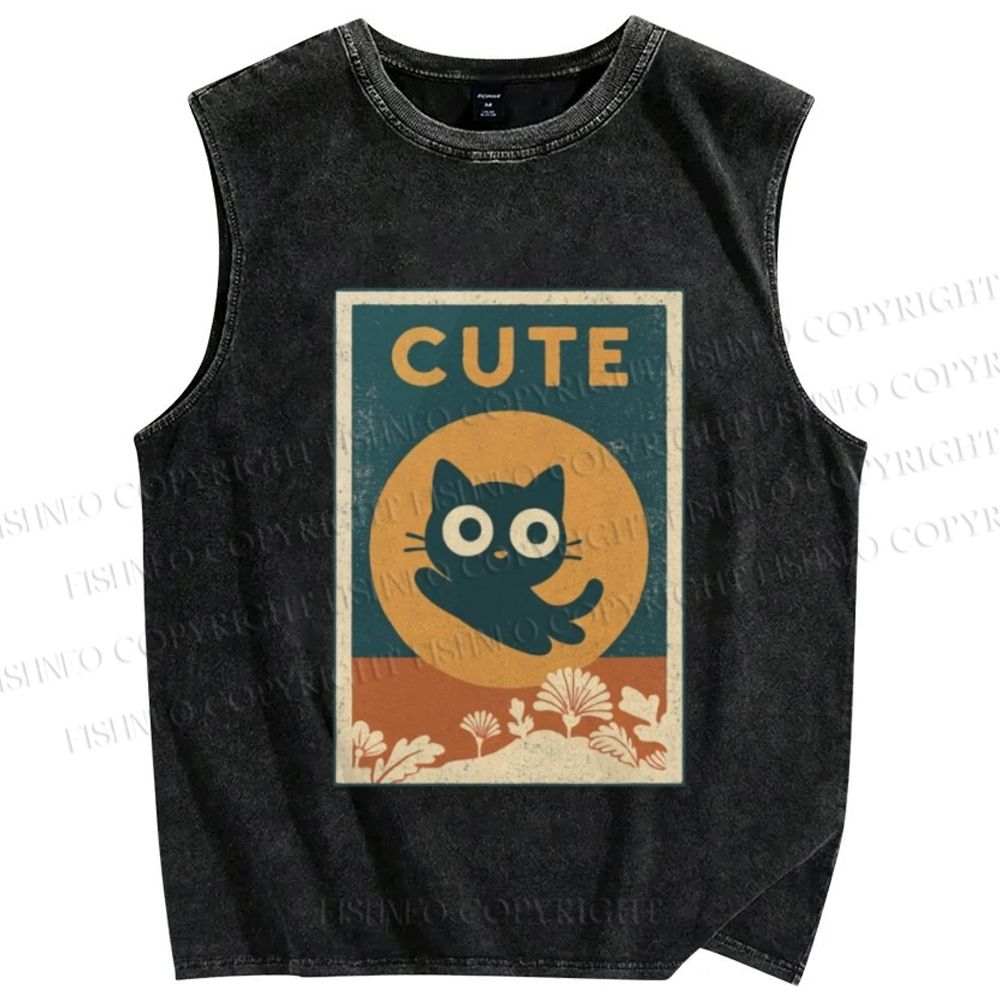 Unisex Cute Cat Printed Washed Tank Top