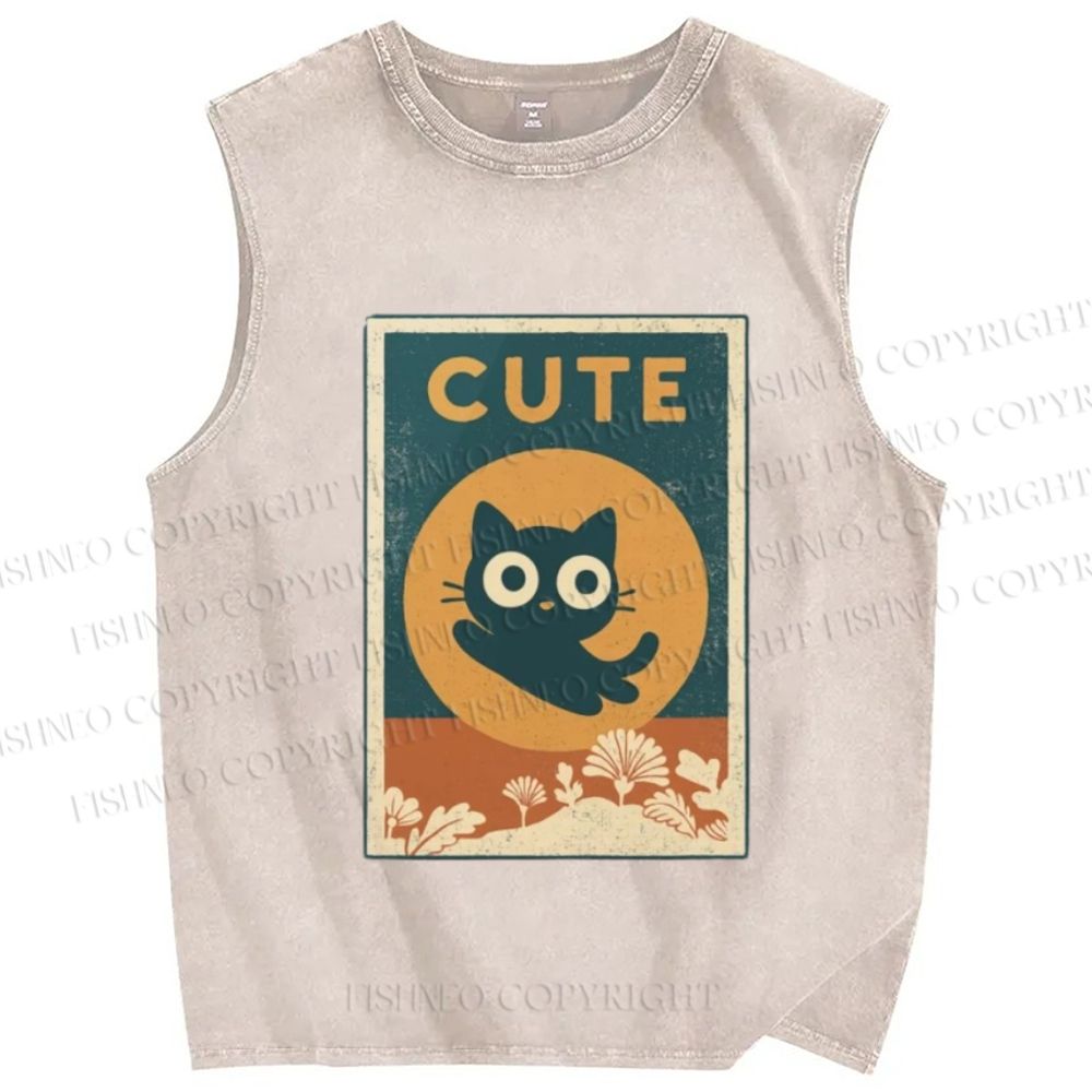 Unisex Cute Cat Printed Washed Tank Top