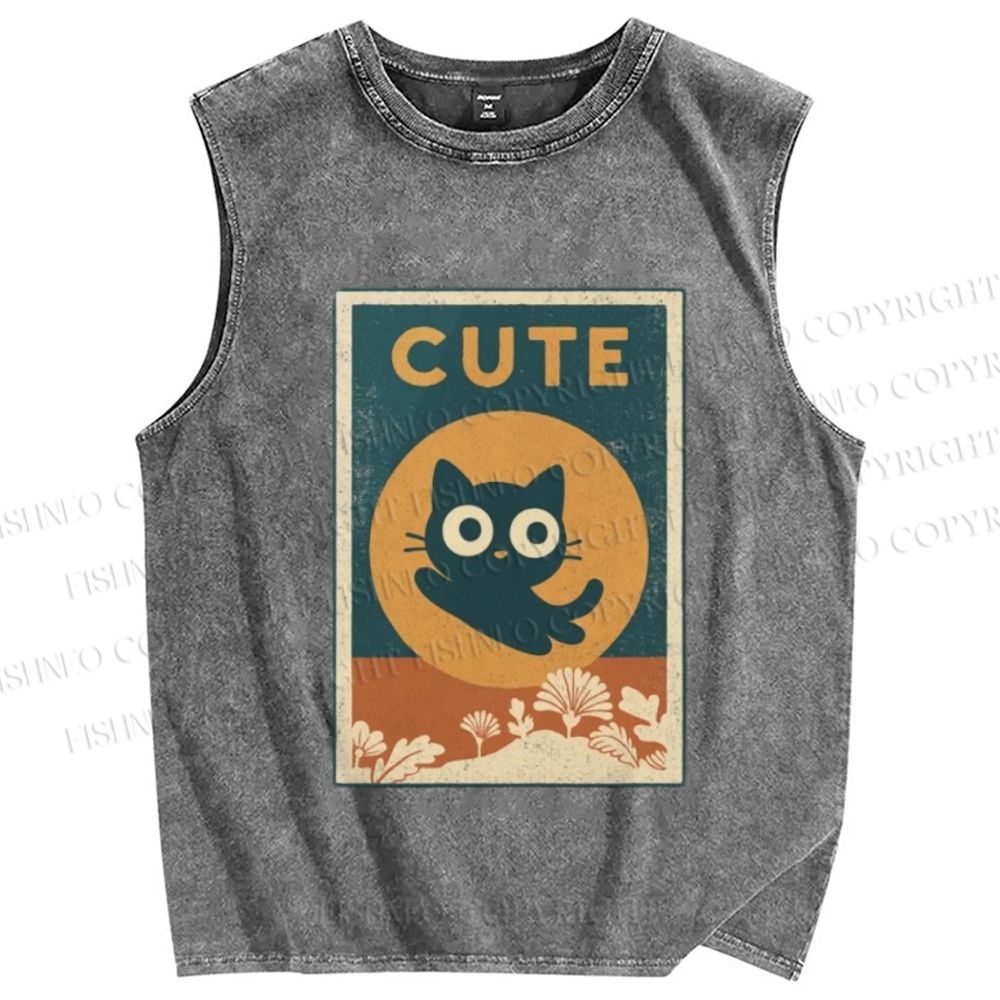 Unisex Cute Cat Printed Washed Tank Top