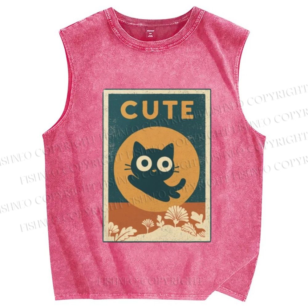 Unisex Cute Cat Printed Washed Tank Top