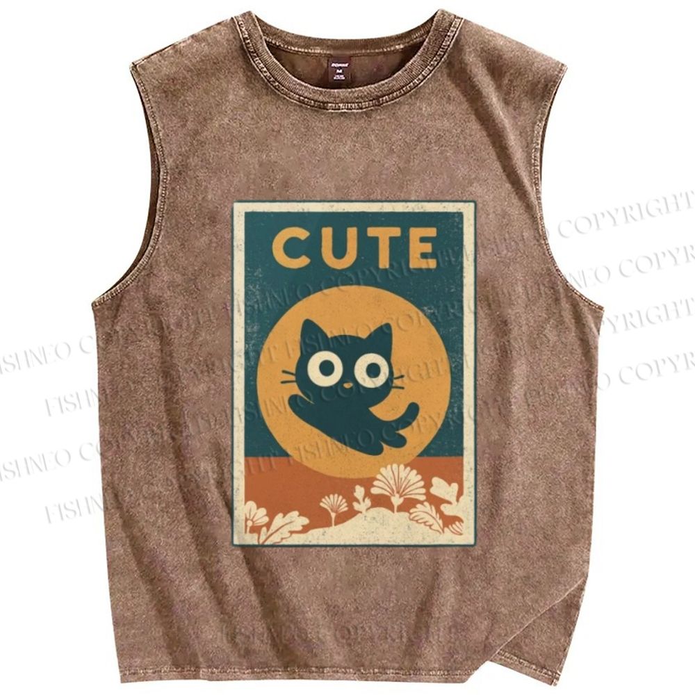 Unisex Cute Cat Printed Washed Tank Top