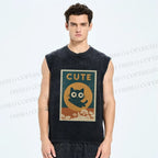 Unisex Cute Cat Printed Washed Tank Top