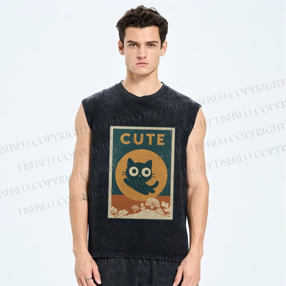 Unisex Cute Cat Printed Washed Tank Top
