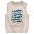 Unisex Sardine Fish Printed Washed Tank Top