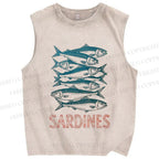Unisex Sardine Fish Printed Washed Tank Top