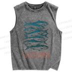 Unisex Sardine Fish Printed Washed Tank Top