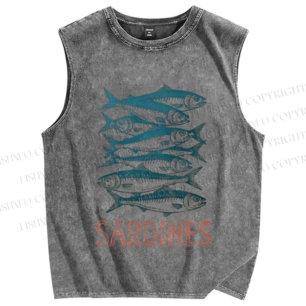 Unisex Sardine Fish Printed Washed Tank Top