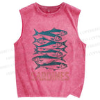 Unisex Sardine Fish Printed Washed Tank Top