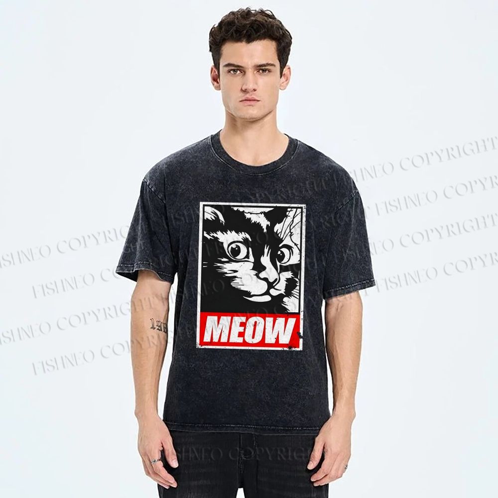 Unisex Meow Printed Washed Tee