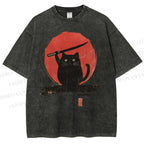 Unisex Japanese Samurai Cats Printed Washed Tee