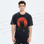 Unisex Japanese Samurai Cats Printed Washed Tee