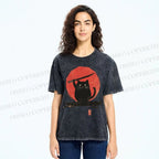 Unisex Japanese Samurai Cats Printed Washed Tee