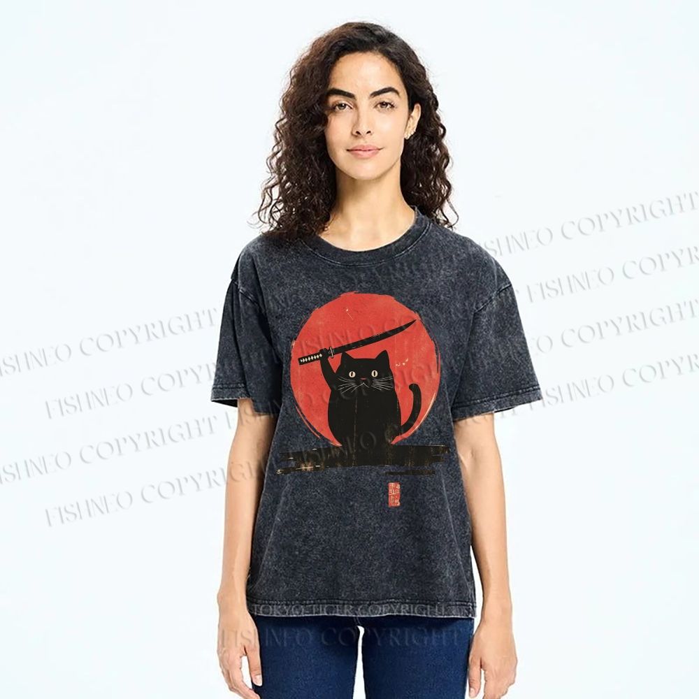 Unisex Japanese Samurai Cats Printed Washed Tee
