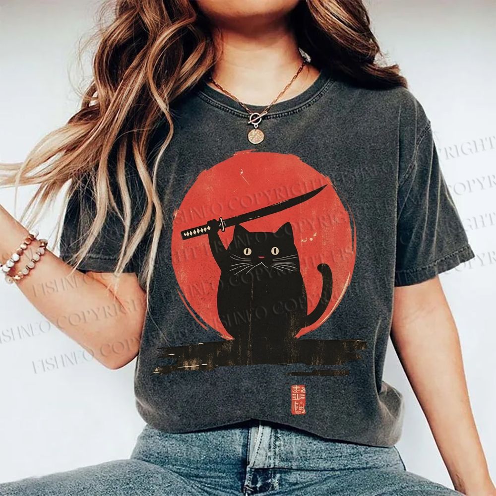 Unisex Japanese Samurai Cats Printed Washed Tee