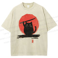 Unisex Japanese Samurai Cats Printed Washed Tee