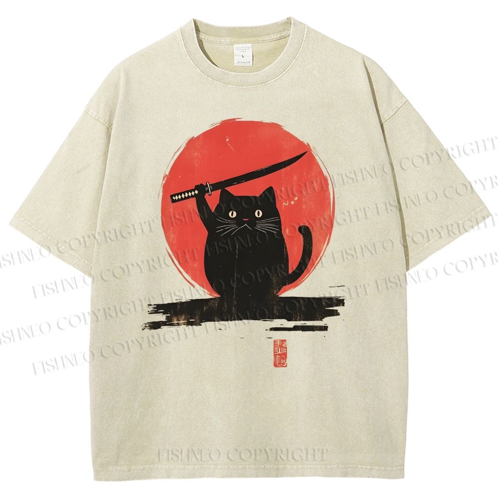 Unisex Japanese Samurai Cats Printed Washed Tee