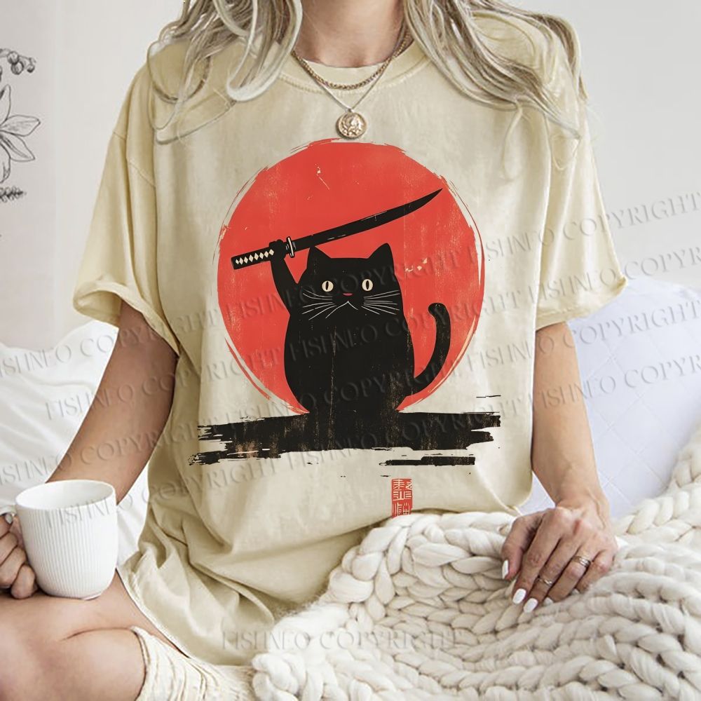 Unisex Japanese Samurai Cats Printed Washed Tee
