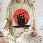 Unisex Japanese Samurai Cats Printed Washed Tee