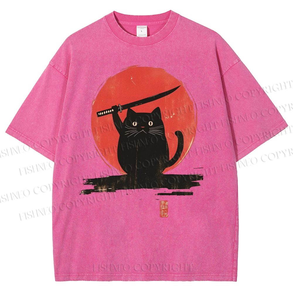 Unisex Japanese Samurai Cats Printed Washed Tee
