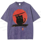 Unisex Japanese Samurai Cats Printed Washed Tee