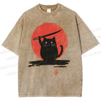 Unisex Japanese Samurai Cats Printed Washed Tee