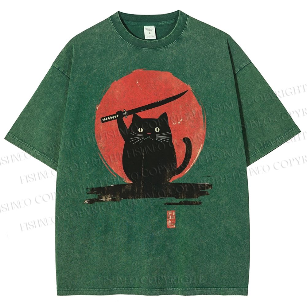 Unisex Japanese Samurai Cats Printed Washed Tee