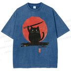 Unisex Japanese Samurai Cats Printed Washed Tee