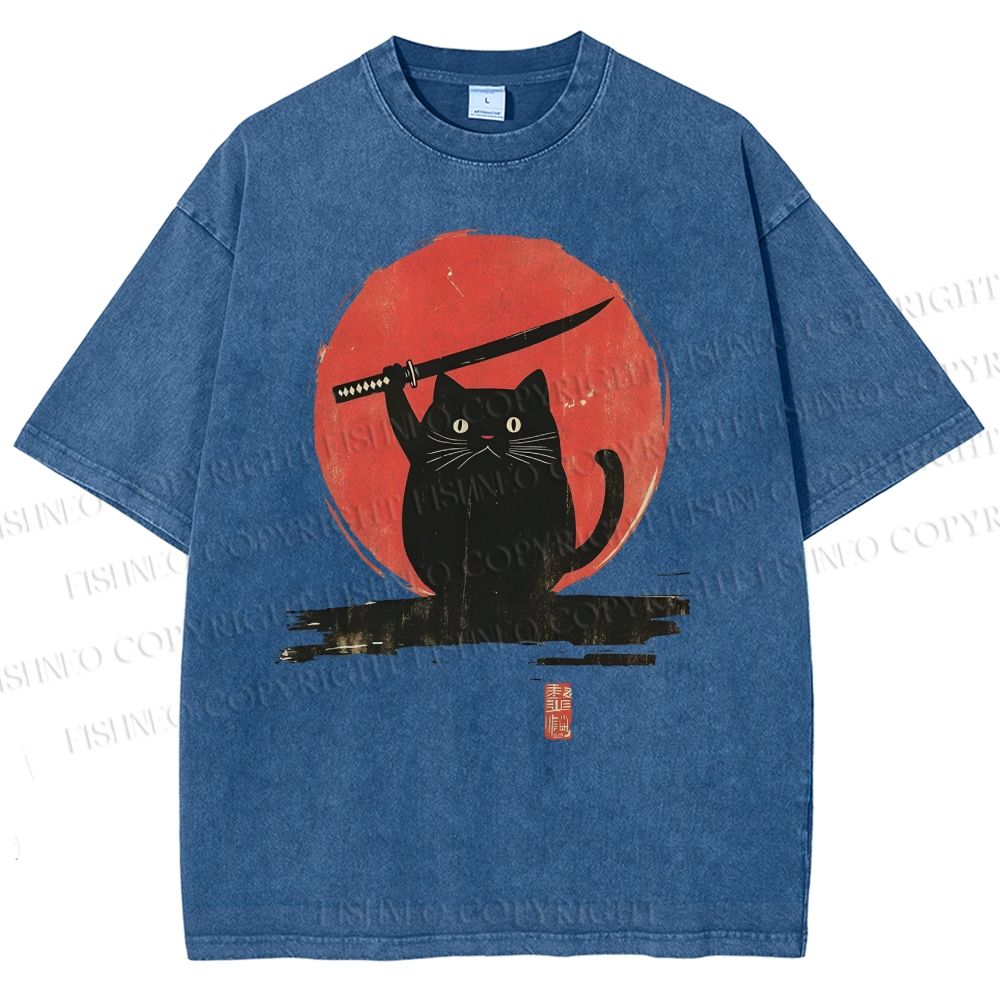 Unisex Japanese Samurai Cats Printed Washed Tee