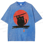 Unisex Japanese Samurai Cats Printed Washed Tee