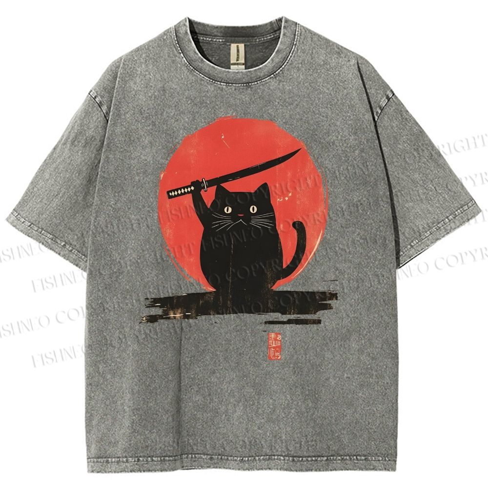 Unisex Japanese Samurai Cats Printed Washed Tee