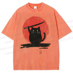 Unisex Japanese Samurai Cats Printed Washed Tee