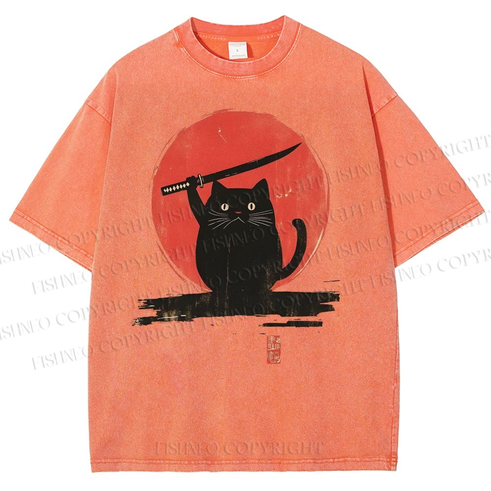 Unisex Japanese Samurai Cats Printed Washed Tee