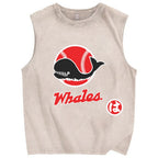 Unisex Japanese Whales Printed Washed Tank Top