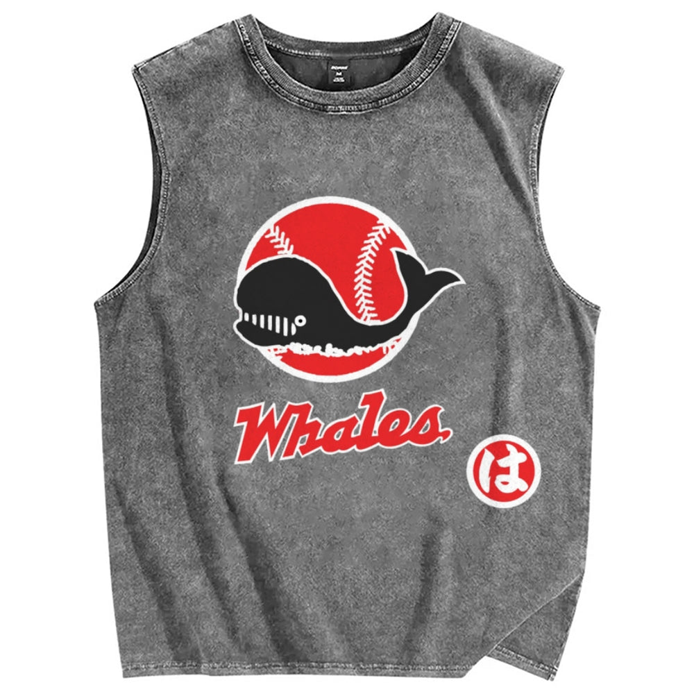 Unisex Japanese Whales Printed Washed Tank Top