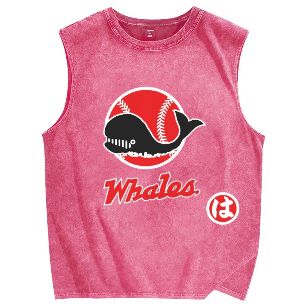 Unisex Japanese Whales Printed Washed Tank Top