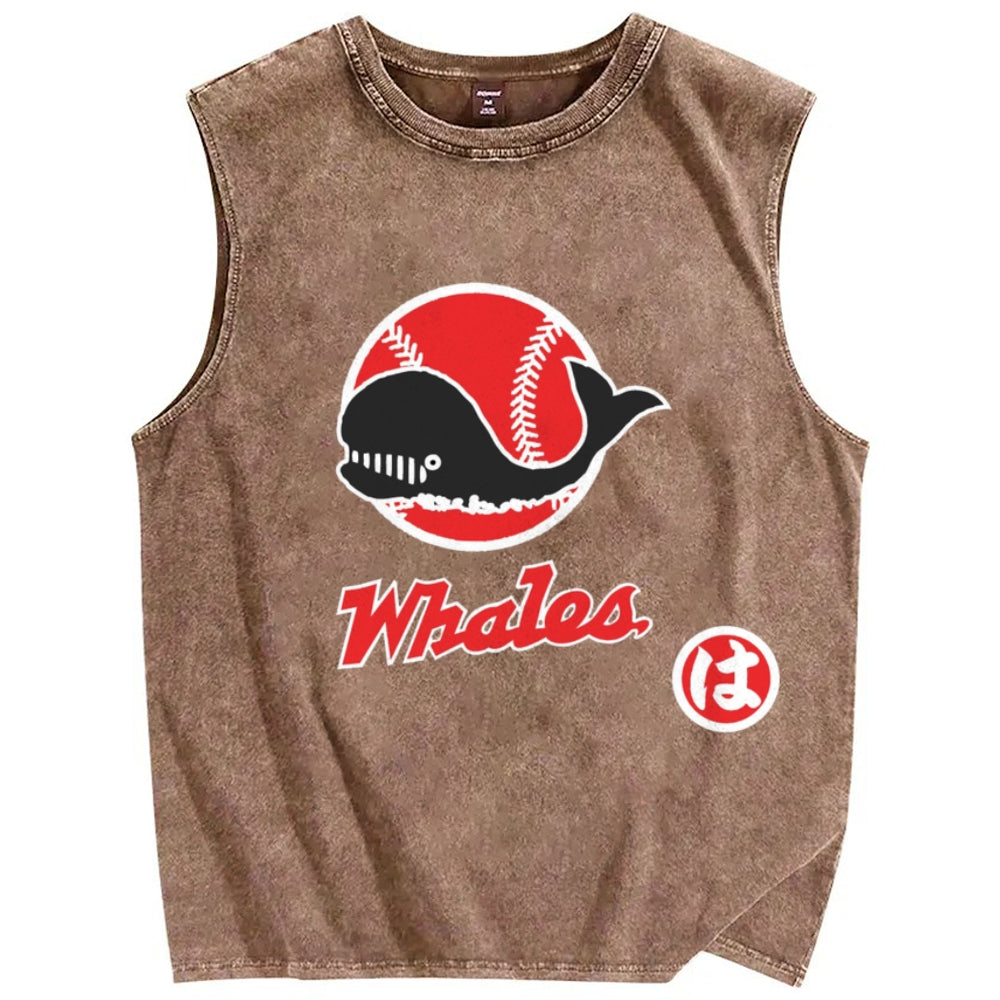 Unisex Japanese Whales Printed Washed Tank Top