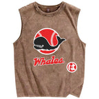 Unisex Japanese Whales Printed Washed Tank Top
