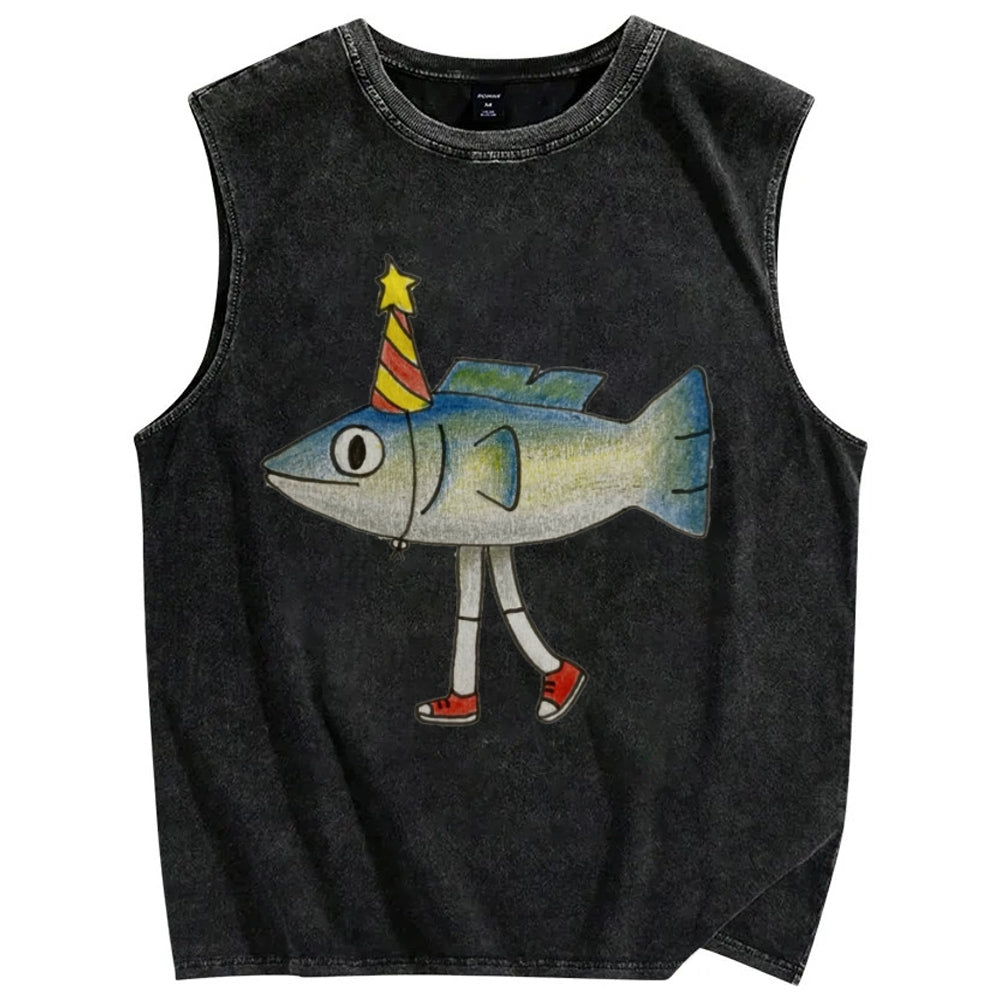 Unisex funny star fish Printed Washed Tank Top