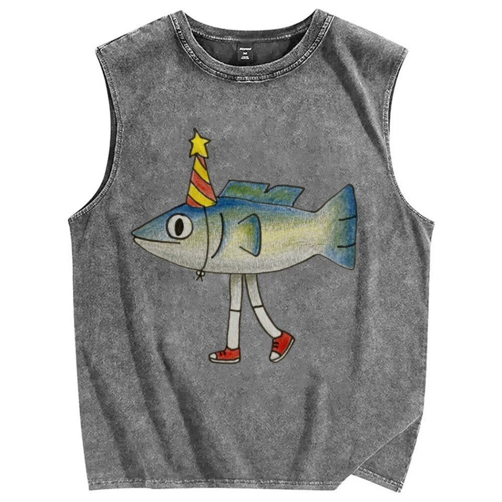 Unisex funny star fish Printed Washed Tank Top