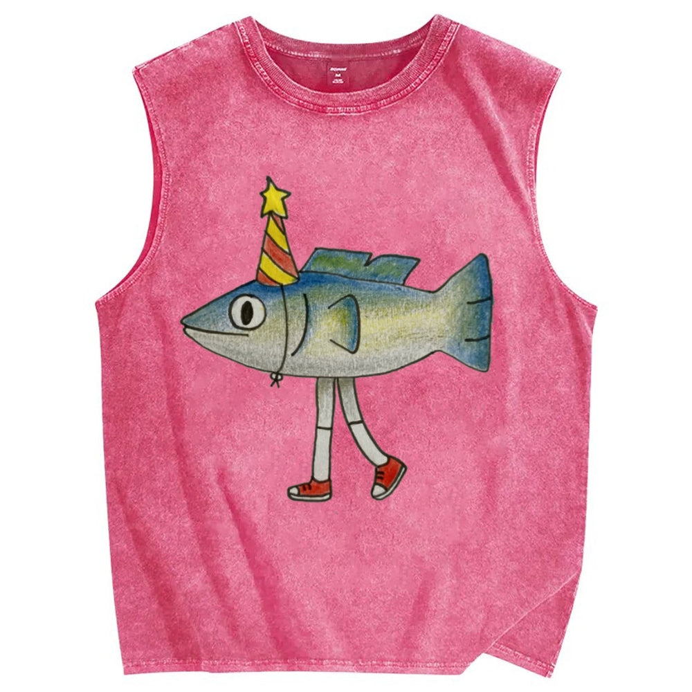 Unisex funny star fish Printed Washed Tank Top