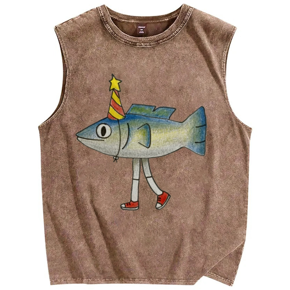 Unisex funny star fish Printed Washed Tank Top