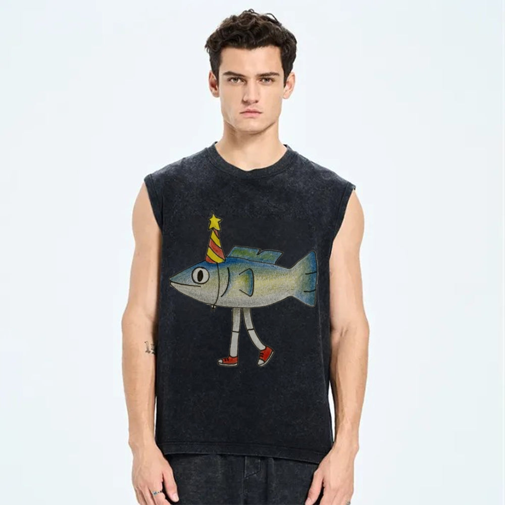 Unisex funny star fish Printed Washed Tank Top