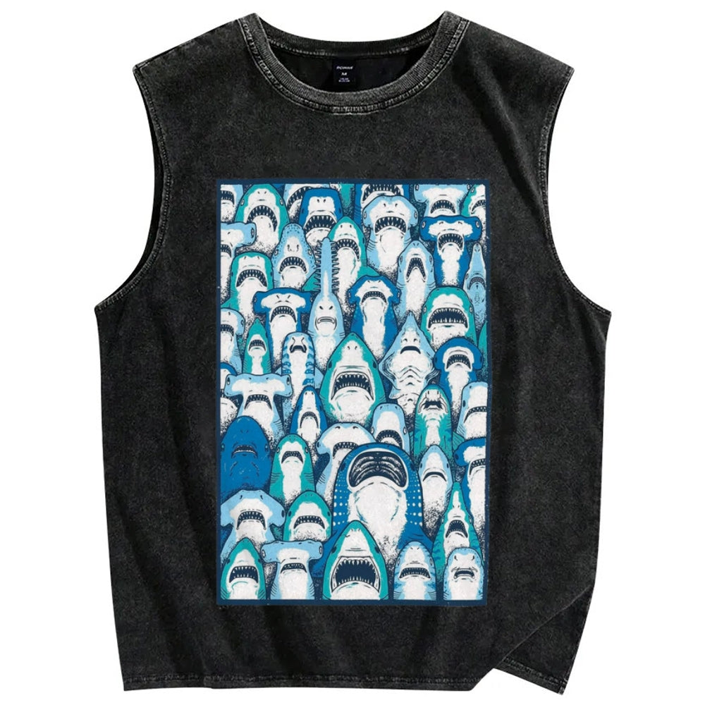 Unisex cute sharks Printed Washed Tank Top