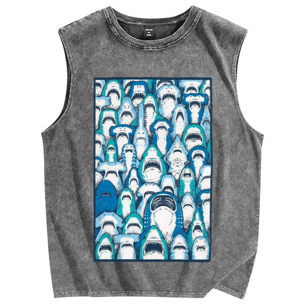 Unisex cute sharks Printed Washed Tank Top