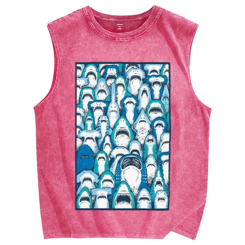 Unisex cute sharks Printed Washed Tank Top