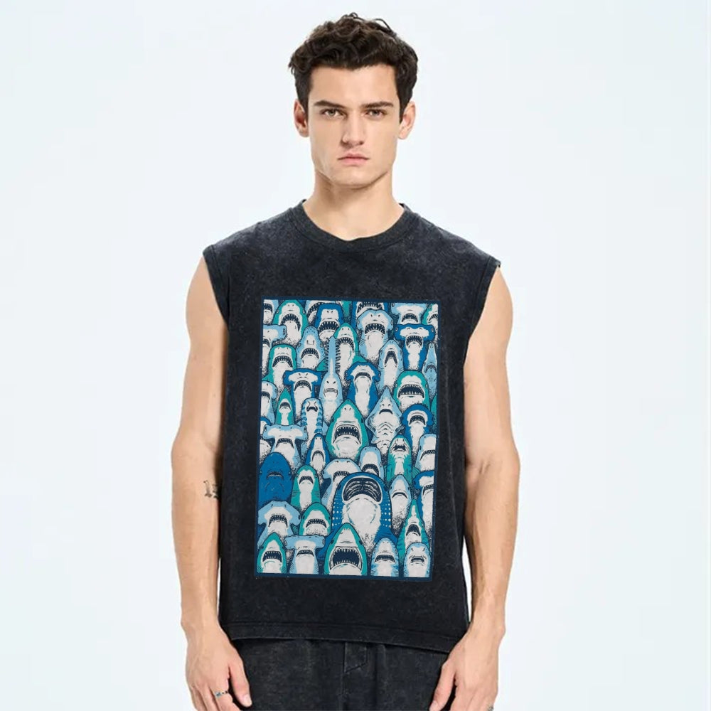 Unisex cute sharks Printed Washed Tank Top