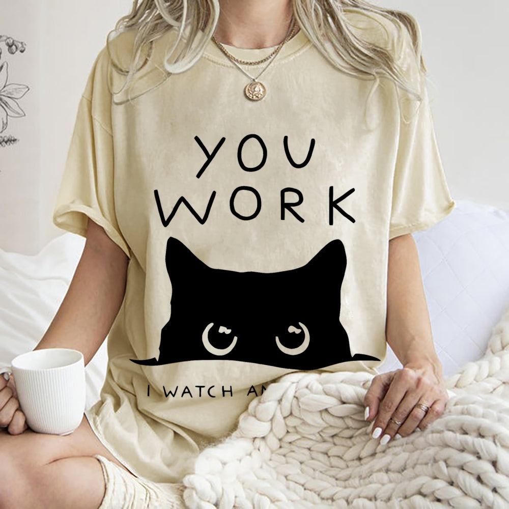 Black Cat Watching Your Work Vintage Wash Japanese Design T-Shirt