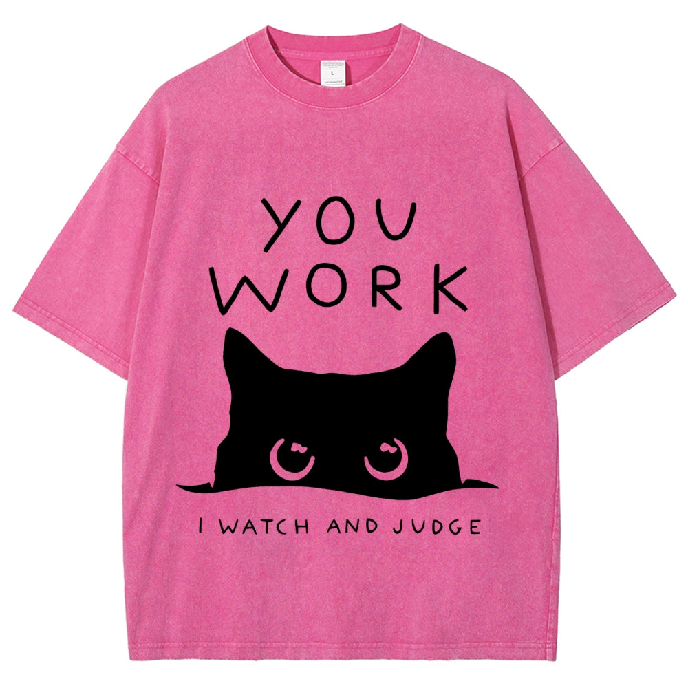 Black Cat Watching Your Work Vintage Wash Japanese Design T-Shirt