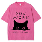 Black Cat Watching Your Work Vintage Wash Japanese Design T-Shirt