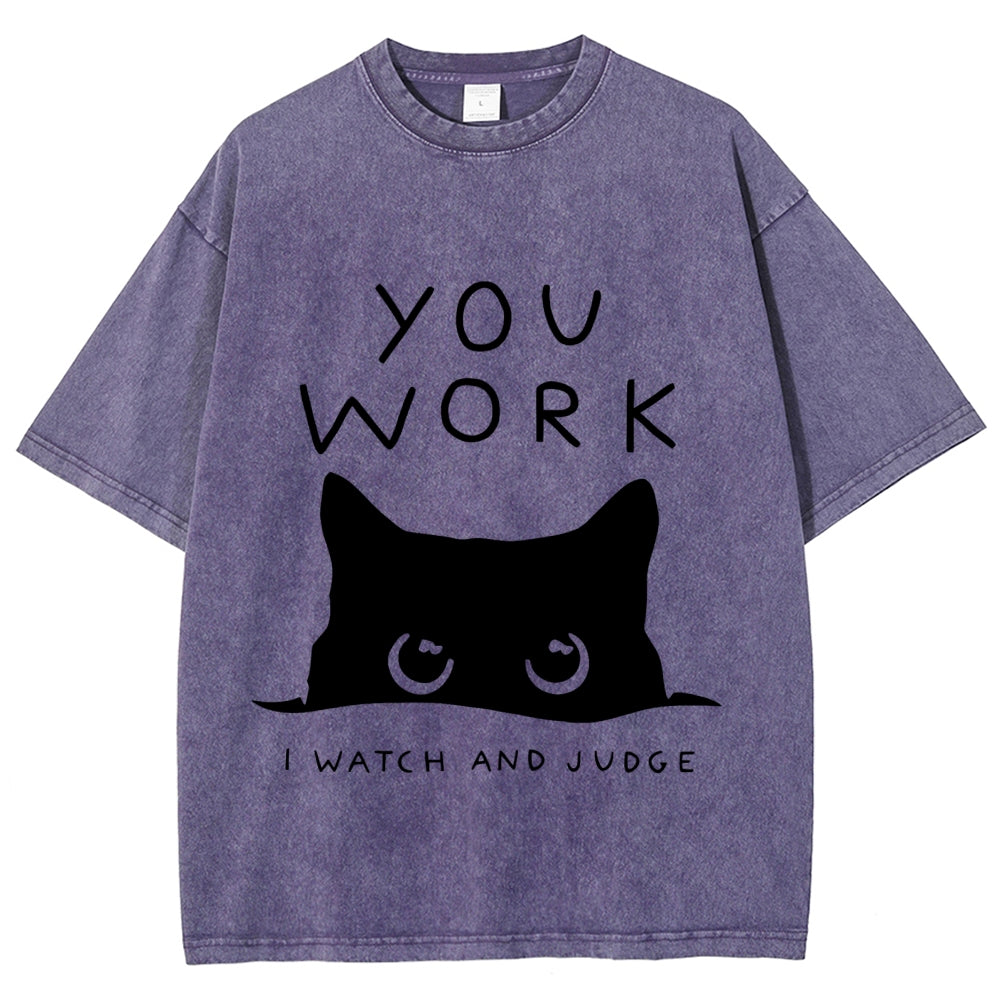 Black Cat Watching Your Work Vintage Wash Japanese Design T-Shirt
